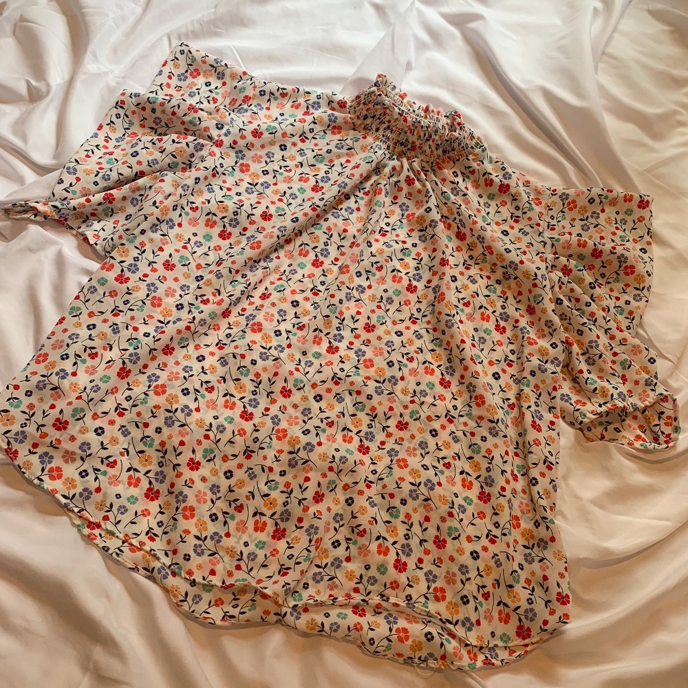 Puff Sleeve, Ruffled Neck, Flower Printed Top